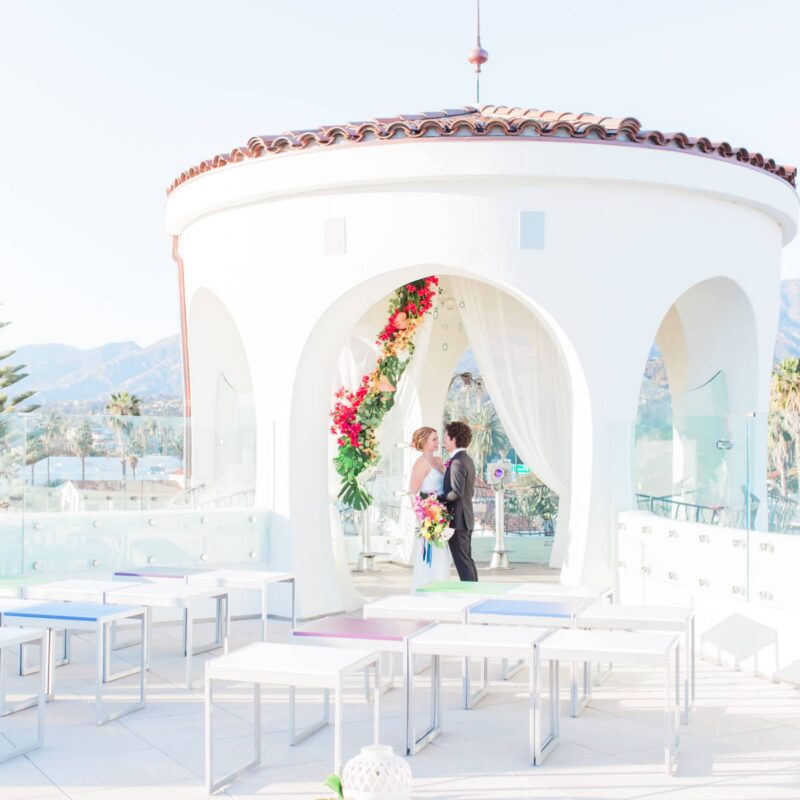 Sky garden- Wedding Photoshoot B_G posing under ceremony backdrop - James and Jess 16